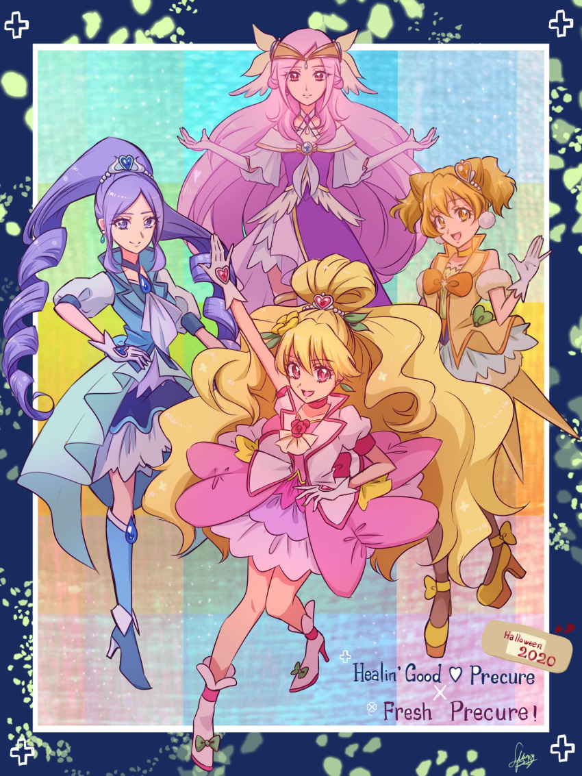 2020 4girls aono_miki artist_request bare_shoulders blonde_hair blue_eyes blue_hair blue_skirt boots choker copyright_name cosplay costume crossover cure_berry cure_earth cure_earth_(cosplay) cure_fontaine cure_fontaine_(cosplay) cure_grace cure_grace_(cosplay) cure_passion cure_peach cure_pine cure_sparkle cure_sparkle_(cosplay) dress earrings english_text eyelashes fresh_precure! gloves hair_ornament hair_twirling hairband half_updo halloween halloween_costume happy healin'_good_precure heart heart_hair_ornament higashi_setsuna high_heel_boots high_heels highres jewelry long_hair looking_at_viewer magical_girl momozono_love multiple_girls open_mouth orange_eyes orange_hair pink_dress pink_eyes pink_hair platform_boots platform_footwear platform_heels ponytail precure puffy_short_sleeves puffy_sleeves purple_dress ribbon short_hair short_sleeves signature skirt smile source_request twintails very_long_hair vest wavy_hair white_gloves yamabuki_inori