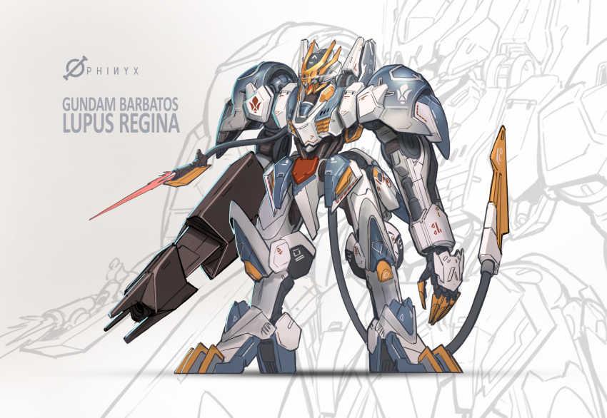 alternate_form arm_cannon character_name energy_blade english_commentary glowing glowing_eye green_eyes gundam gundam_barbatos gundam_barbatos_lupus_rex gundam_tekketsu_no_orphans highres kevin_koesnodihardjo long_arms looking_down mecha mechanical_tail no_humans open_hand redesign science_fiction solo tail v-fin weapon zoom_layer