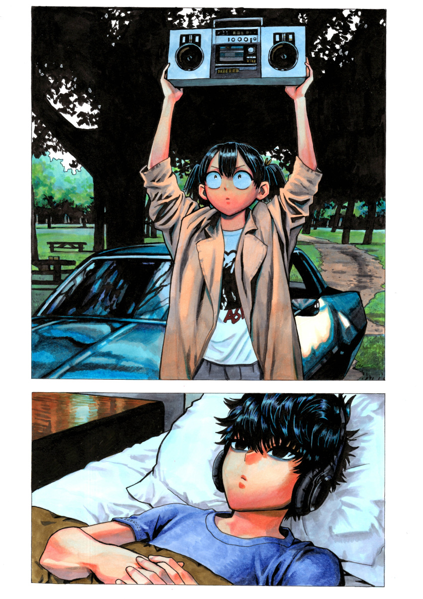 1boy 1girl absurdres arms_up bags_under_eyes bed_sheet black_eyes black_hair boombox brown_coat car coat constricted_pupils day flat_chest ground_vehicle headphones highres jigme komi-san_wa_komyushou_desu komi_shousuke lying marker_(medium) motor_vehicle on_back parody pillow role_reversal say_anything... short_hair short_twintails sleeves_pushed_up tadano_hitomi traditional_media trench_coat twintails under_covers wireless