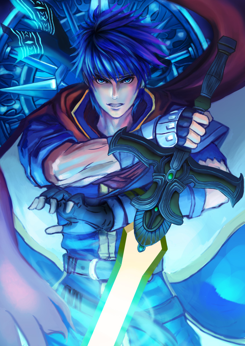 1boy absurdres bangs black_gloves blue_eyes blue_hair cape clenched_teeth fingerless_gloves fire_emblem fire_emblem:_path_of_radiance gloves hair_between_eyes highres holding holding_sword holding_weapon ike_(fire_emblem) jack_(kairuhaido) looking_at_viewer male_focus ragnell red_cape shiny shiny_hair short_hair solo spiked_hair standing sword teeth weapon