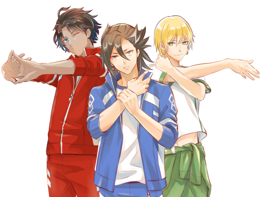 3boys ahoge alternate_costume bangs bartholomew_roberts_(fate/grand_order) bishounen black_hair blonde_hair blue_eyes blue_jacket blue_pants cowboy_shot earrings fate/grand_order fate_(series) gold_earrings gradient_hair green_eyes grey_eyes hair_between_eyes hair_slicked_back hair_strand highres jacket jason_(fate/grand_order) jewelry looking_at_viewer male_focus mandricardo_(fate/grand_order) midriff_peek multicolored_hair multiple_boys okuno_naru_(exoprsa) one_eye_closed open_clothes open_jacket open_track_jacket own_hands_together pants parted_bangs red_jacket red_pants shirt short_hair simple_background sleeves_rolled_up streaked_hair stretch swept_bangs track_jacket track_pants white_hair white_shirt