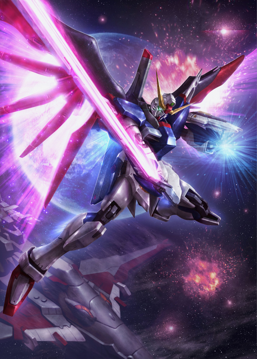 absurdres destiny_gundam earth energy_sword energy_wings explosion glowing glowing_hand green_eyes gundam gundam_seed gundam_seed_destiny highres holding holding_sword holding_weapon huge_filesize looking_down mecha mechanical_wings minerva_(gundam) no_humans open_hand planet science_fiction solo space_craft sword tom_liu v-fin weapon wings