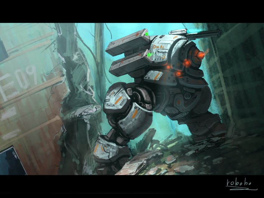 bottoms1237 extra_eyes glowing glowing_eyes highres mecha no_arms no_humans original red_eyes science_fiction shoulder_cannon solo standing wreckage