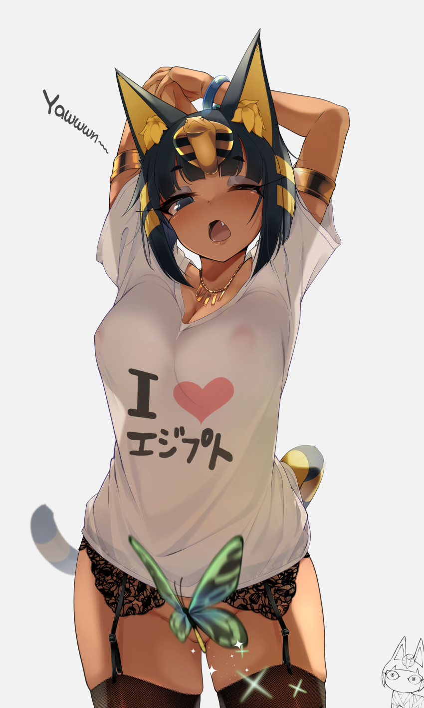 1girl absurdres animal_crossing animal_ears ankha_(animal_crossing) arms_behind_head black_eyes black_hair blackletter bob_cut bracelet breasts bug butterfly clothes_writing convenient_censoring dark_skin egyptian fang garter_belt garter_straps grey_background highres humanization insect jewelry jovejun large_breasts necklace nipples no_panties one_eye_closed open_mouth saliva see-through shirt short_hair short_sleeves solo striped striped_tail t-shirt tail thighhighs translation_request white_shirt yawning