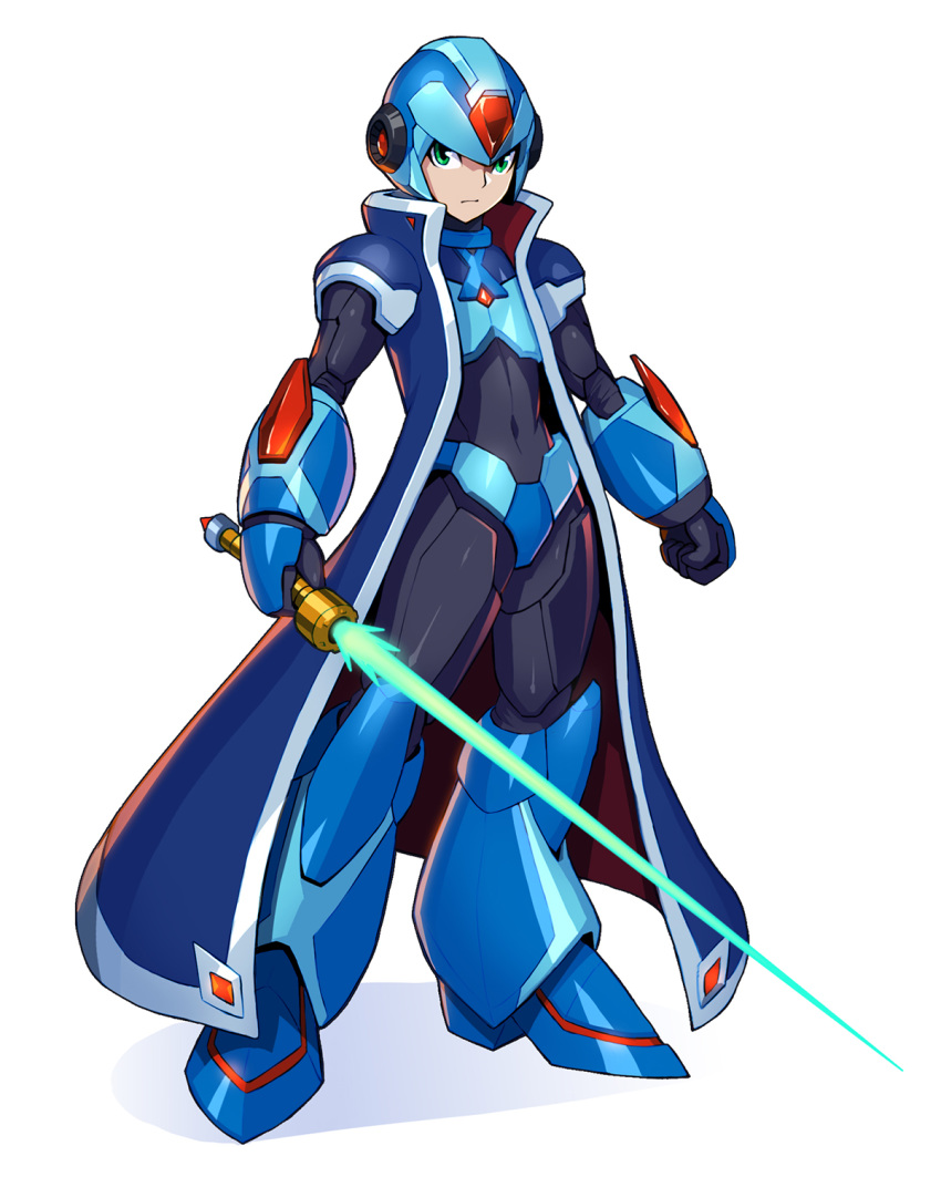 1boy alternate_costume android energy_sword english_commentary green_eyes helmet highres holding holding_sword holding_weapon kadej long_coat looking_to_the_side rockman rockman_x rockman_x5 solo sword weapon white_background x_(rockman)