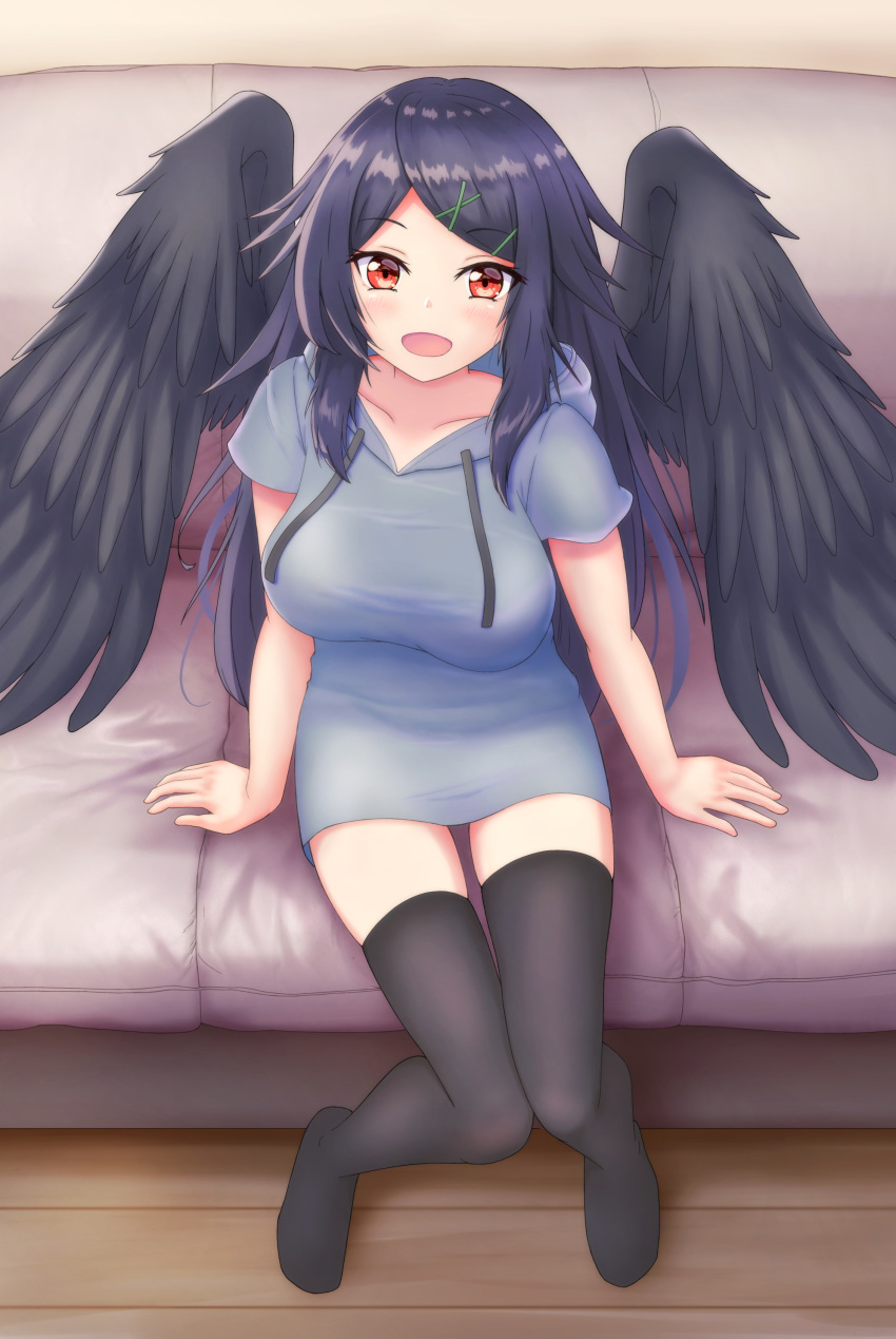 1girl absurdres alternate_costume alternate_hairstyle bangs bare_arms bird_wings black_hair black_legwear black_wings blush breasts collarbone commentary_request couch duplicate error eyebrows_visible_through_hair from_above grey_hoodie hair_ornament hairpin highres hood hoodie knees_together_feet_apart knees_touching large_breasts long_hair looking_at_viewer o1118 open_mouth parted_bangs red_eyes reiuji_utsuho short_sleeves sidelocks sitting smile solo thighhighs thighs touhou wings wooden_floor zettai_ryouiki