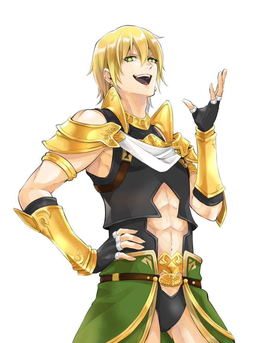 1boy abs abs_cutout absurdres armor bangs bare_shoulders bishounen black_hair blonde_hair bracer cowboy_shot crotchless crotchless_pants earrings fate/grand_order fate_(series) fingerless_gloves gloves gold_earrings green_eyes hair_between_eyes hand_on_hip hand_up highres jason_(fate/grand_order) jewelry looking_at_viewer male_focus navel okuno_naru_(exoprsa) short_hair shoulder_armor simple_background smile solo spaulders