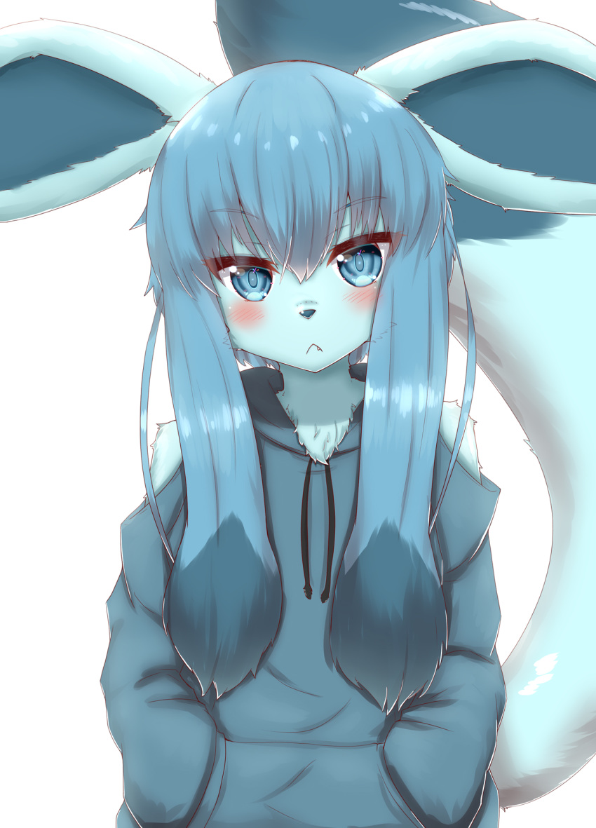 2020 anthro anthrofied black_nose blue_body blue_clothing blue_ears blue_eyes blue_fur blue_hair blush clothed clothing cute_fangs dipstick_tail eeveelution female fluffy fluffy_tail fur glaceon glistening glistening_hair hair half-length_portrait hands_in_pockets hi_res hoodie horokusa0519 kemono long_hair long_sleeves looking_at_viewer multicolored_body multicolored_fur multicolored_hair multicolored_tail nintendo pockets pok&eacute;mon pok&eacute;mon_(species) pok&eacute;morph portrait simple_background solo topwear video_games white_background