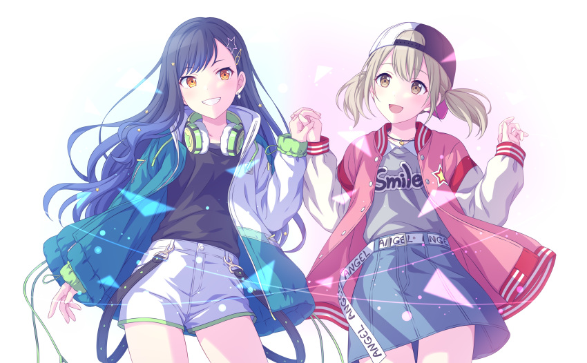 2girls :d absurdres azusawa_kohane backwards_hat baseball_cap belt black_shirt blonde_hair blue_jacket blue_skirt brown_eyes clothes_writing contrapposto cowboy_shot earrings grey_shirt grey_shorts hand_up hands_up hat headphones headphones_around_neck highres holding_hands interlocked_fingers jacket jewelry letterman_jacket long_hair long_sleeves medium_hair multiple_girls necklace open_clothes open_jacket open_mouth orange_eyes pink_jacket project_sekai purple_hair sekina shiraishi_an shirt short_shorts shorts skirt smile standing star_(symbol) star_earrings twintails