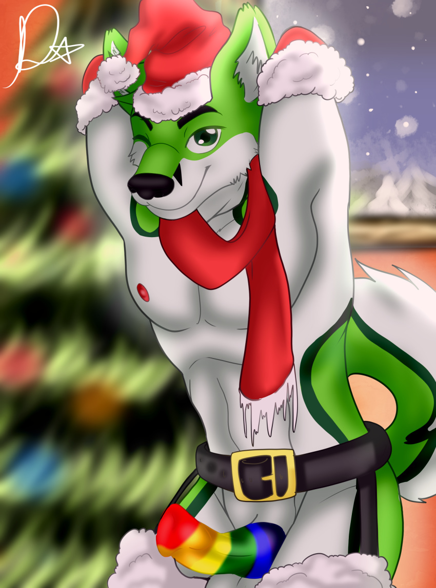 absurd_res anthro balls black_nose canid canine canis christmas christmas_clothing christmas_headwear christmas_tree clothed clothing costume danny_wolfdatian digital_media_(artwork) erection fidget_the_fox fox fur genitals green_body green_eyes green_fur hair hat headgear headwear hi_res holidays looking_at_viewer male mammal multicolored_penis nipples nude penis plant rainbow_penis santa_costume santa_hat simple_background smile solo tree white_body white_fur