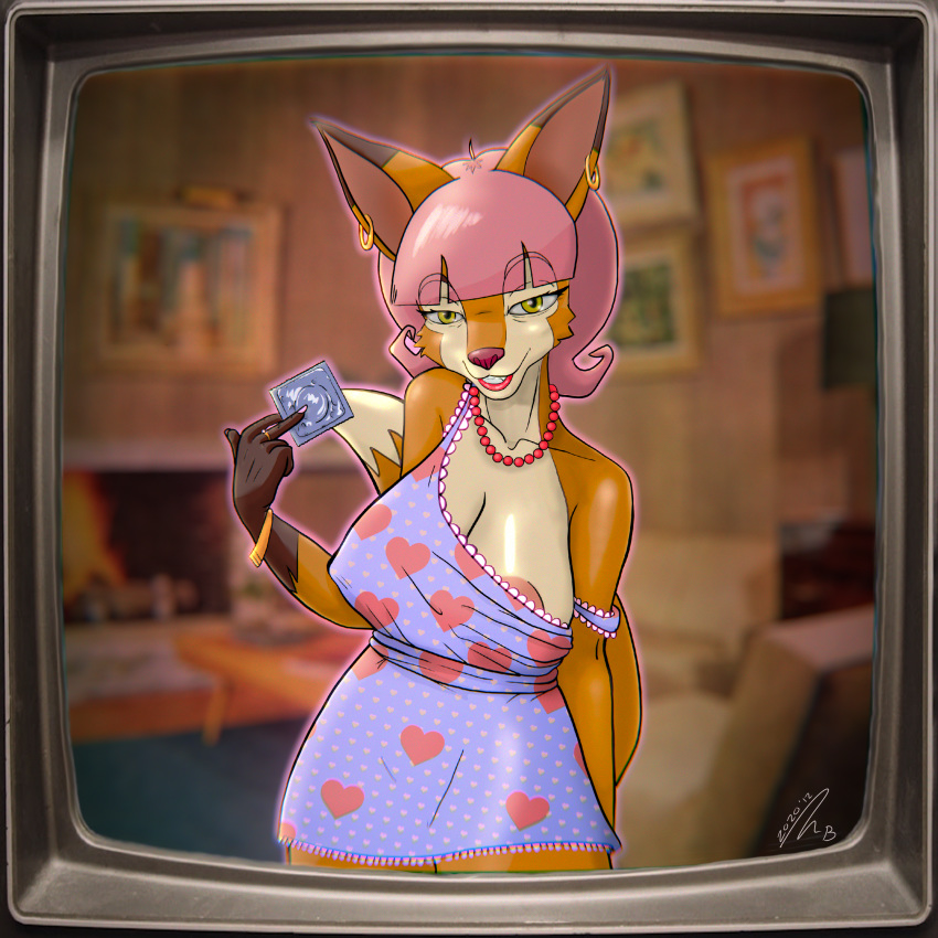 2020 50's 70's absurd_res anthro big_breasts blender3d blender_(software) blender_3d bracelet breasts canid canine clothed clothing condom digital_media_(artwork) dipstick_ears dipstick_tail female fox gloves_(marking) hi_res holding_condom holding_object housewife huge_filesize jewelry lips lipstick looking_at_viewer makeup mammal markings mature_anthro mature_female mommy_kink mother ms.fox multicolored_ears multicolored_tail nipple_slip nipples nitska nitska_bastet parent sexual_barrier_device smile solo