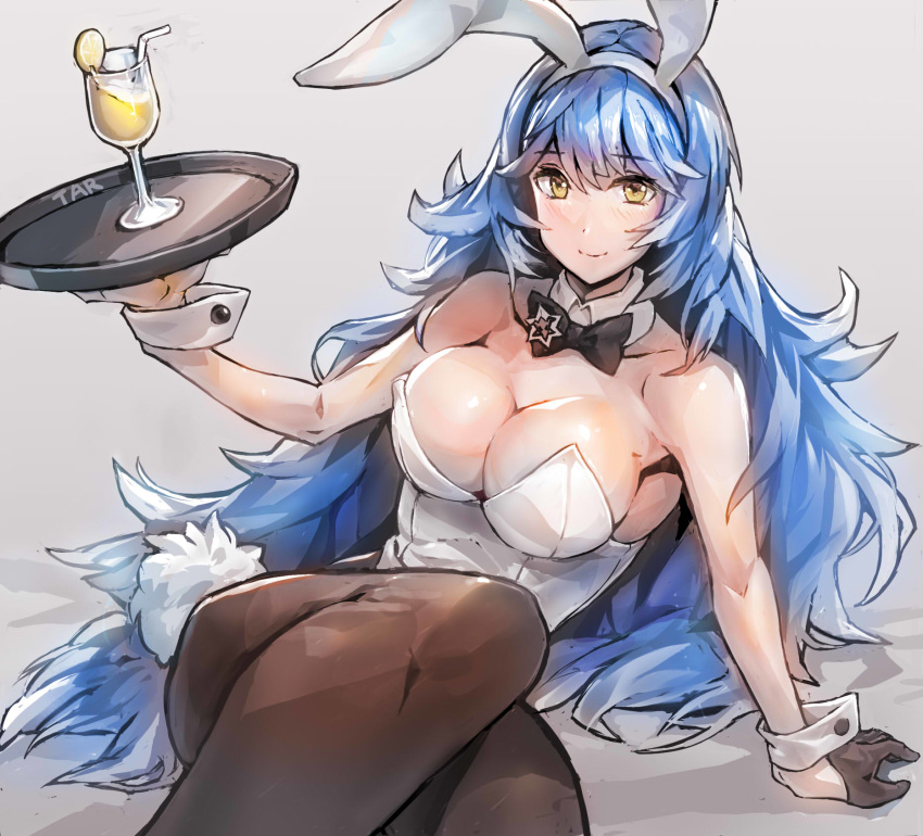 1girl alternate_costume animal_ears black_gloves black_ribbon blue_hair bow bowtie breasts brown_legwear bunny_ears bunny_tail cleavage cocktail_glass covered_navel cup detached_collar drinking_glass eyebrows_visible_through_hair fake_animal_ears fake_tail food fruit girls_frontline gloves gradient gradient_background grey_background hair_between_eyes half_gloves highres holding holding_tray large_breasts lemon lemon_slice leotard long_hair looking_at_viewer neck_ribbon official_alternate_costume pantyhose playboy_bunny ribbon single_glove sitting solo strapless strapless_leotard tail takahito tar-21_(girls_frontline) tray waitress wavy_hair white_background wing_collar wrist_cuffs yellow_eyes