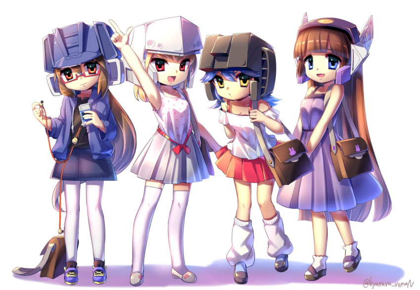 4girls :o black_skirt blue_eyes brown_eyes decepticon dress earphones finger_gun genderswap genderswap_(mtf) glasses helmet kyarara_renan long_hair looking_at_viewer medium_hair megatron multiple_girls personification pink_dress q-transformers red_eyes shockwave_(transformers) skirt soundwave starscream thighhighs transformers tube_socks very_long_hair waving white_background white_dress yellow_eyes younger