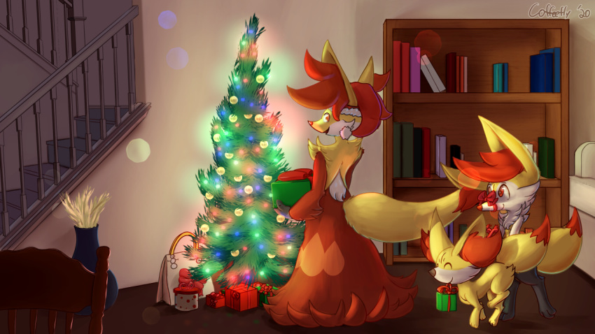 ambiguous_gender anthro biped black_body black_fur blue_glow book bookshelf braixen chair cheek_tuft chest_tuft christmas christmas_lights christmas_tree coffeefly delphox digitigrade dipstick_tail evolutionary_family eyes_closed facial_tuft fennekin feral fur furniture gift green_glow holidays inner_ear_fluff inside looking_at_another looking_back multicolored_tail nintendo plant pok&eacute;mon pok&eacute;mon_(species) quadruped red_body red_eyes red_fur red_glow ribbons shaded smile sofa stairs standing tree tuft video_games white_body white_fur yellow_body yellow_fur yellow_glow