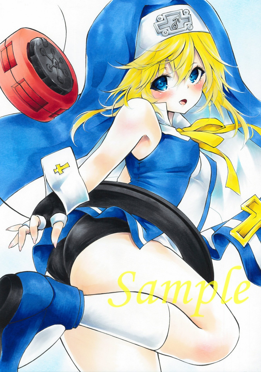 1boy arim0k0 bike_shorts black_shorts blonde_hair blue_eyes blue_footwear bridget_(guilty_gear) cross guilty_gear guilty_gear_xx habit highres hood hooded_jacket jacket long_hair looking_at_viewer male_focus mars_symbol nun open_mouth otoko_no_ko sample_watermark shorts simple_background socks solo traditional_media white_background white_socks yo-yo