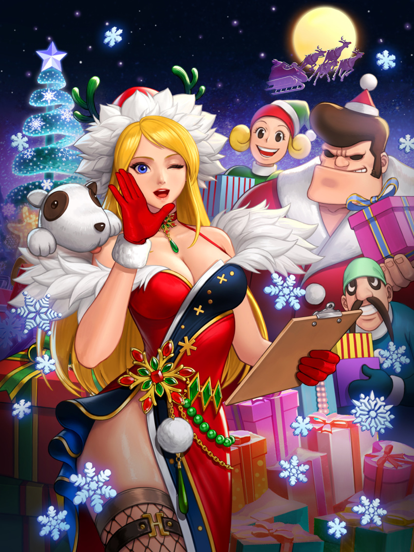 alternate_costume antlers blonde_hair bonne_jenet christmas christmas_ornaments christmas_tree dress fatal_fury fur-trimmed_dress fur-trimmed_gloves fur-trimmed_headwear fur_trim gloves hat highres holly mark_of_the_wolves merry_christmas official_art red_dress red_gloves red_headwear reindeer reindeer_antlers santa_claus santa_hat sleigh snk the_king_of_fighters the_king_of_fighters_all-stars thighhighs