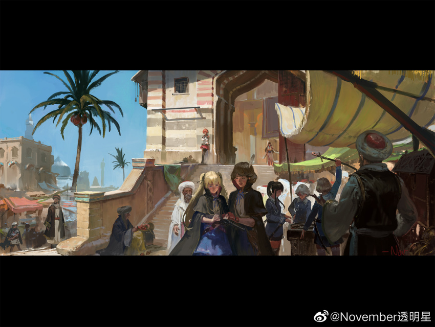 4boys 6+girls blonde_hair brown_hair character_request chinese_commentary cloak commentary_request day eyepatch feathers hair_feathers highres holding holding_sword holding_weapon jeanex kantai_collection kiso_(kantai_collection) letterboxed long_sleeves multiple_boys multiple_girls northampton_(pacific) pacific palm_tree red_hair short_hair side_ponytail silver_hair stairs sword tree turban twintails uss_chester_(ca-27) uss_louisville_(ca-28) uss_nevada_(bb-36) uss_oklahoma_(bb-37) weapon weibo_username