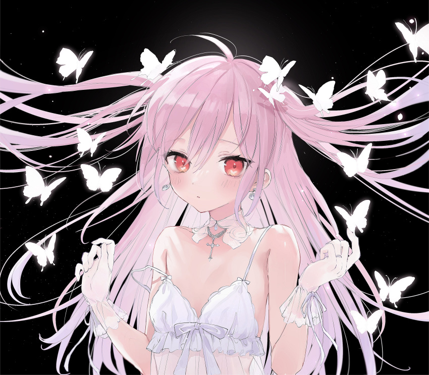 1girl absurdres ahoge alternate_costume ass black_background breasts bug butterfly cross cross_necklace detached_collar drop_earrings earrings hair_spread_out highres hololive insect jewelry long_hair looking_at_viewer necklace parted_lips pink_hair red_eyes ring si10ra simple_background skull_earrings small_breasts solo strap_slip teddy transparent_gloves uruha_rushia very_long_hair w_arms white_butterfly