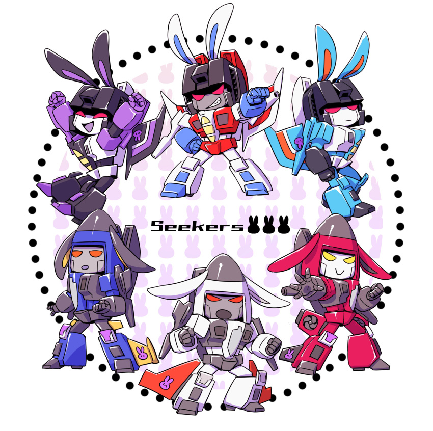 6+boys :o ^_^ absurdres airplane_wing animal_ears bunny_ears chibi clenched_hands closed_eyes decepticon dirge_(transformers) hand_on_hip highres kemonomimi_mode kyarara_renan mecha multiple_boys no_humans open_hand open_mouth ramjet red_eyes skywarp smirk starscream thrust thundercracker transformers yellow_eyes