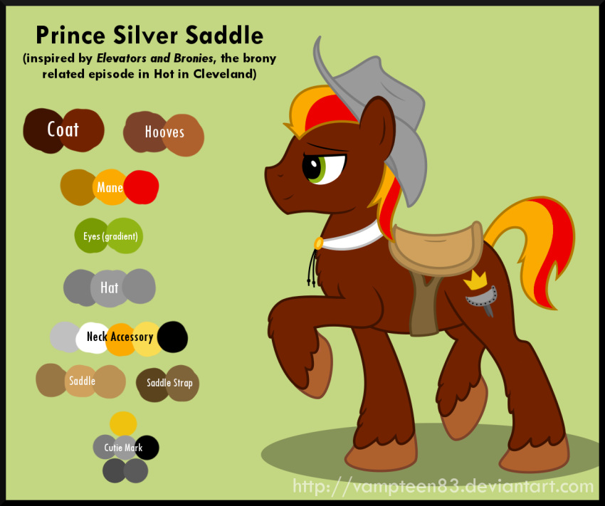 brown_body brown_fur clothing equid equine fur green_eyes hair hasbro hat headgear headwear hooves horse hot_in_cleveland male mammal multicolored_hair my_little_pony orange_hair prince_silver_saddle red_hair saddle smile two_tone_hair vampteen83 watermark