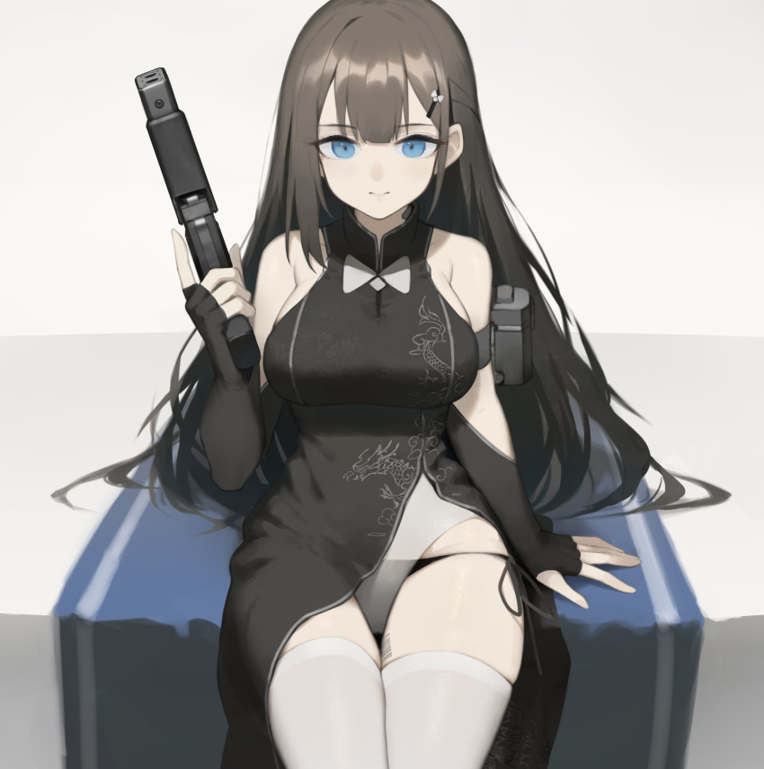 1girl absurdres arm_strap barcode_tattoo black_dress black_gloves black_hair black_panties blue_eyes breasts china_dress chinese_clothes closed_mouth dress elbow_gloves expressionless fingerless_gloves gloves gun hair_ornament hairclip handgun highres large_breasts long_hair original panties side-tie_panties side_slit single_sidelock sitting solo tattoo thigh_tattoo thighhighs trigger_discipline underwear weapon white_legwear yuri_shoutu