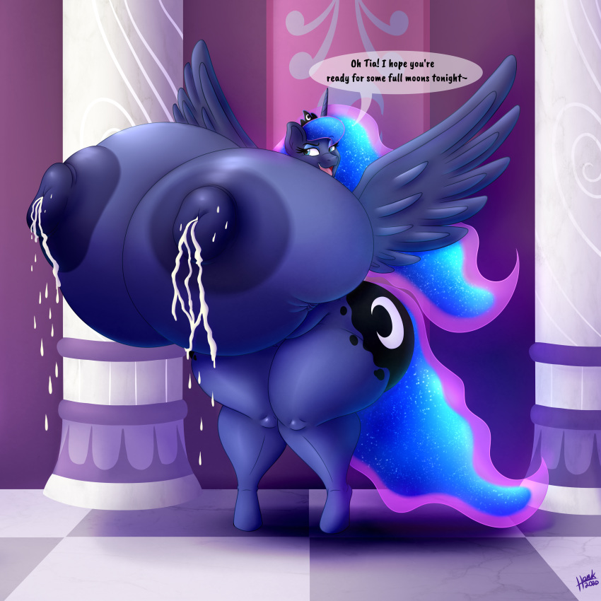 09hankris 2020 absurd_res anthro areola big_breasts bodily_fluids breasts cutie_mark dialogue digital_media_(artwork) english_text equid eyelashes female friendship_is_magic hasbro hi_res horn huge_breasts hyper hyper_breasts lactating mammal my_little_pony nipples nude open_mouth princess_luna_(mlp) solo text winged_unicorn wings