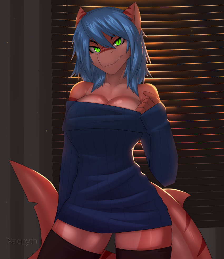 2020 5_fingers absurd_res anthro blue_hair breasts digital_media_(artwork) female fin fingers fish green_eyes hair hi_res looking_at_viewer marine non-mammal_breasts shark smile solo standing xaenyth
