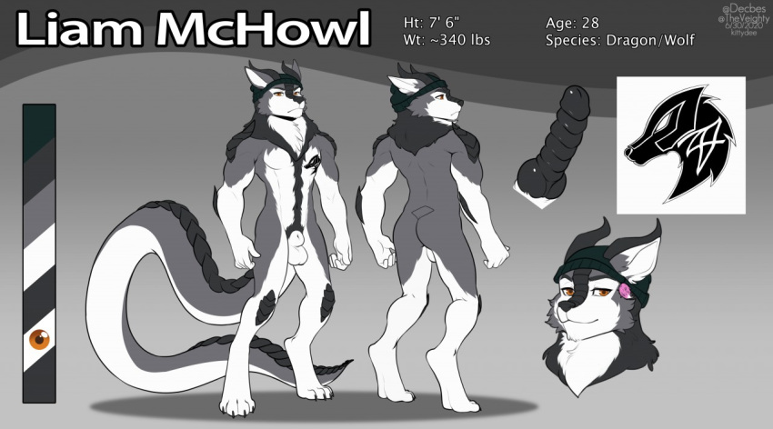 anthro beanie_hat canid canine canis dragon genitals horn hybrid kittydee knot liam_mchowl long_tail male mammal model_sheet penis ribbed_penis scales solo tattoo warwolf47 wolf