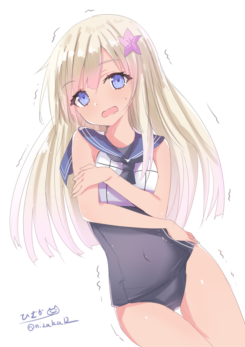 1girl blonde_hair blue_eyes cold covered_navel crop_top flower hair_flower hair_ornament highres hizaka kantai_collection long_hair one-piece_swimsuit one-piece_tan open_mouth ro-500_(kantai_collection) sailor_collar school_swimsuit school_uniform solo swimsuit swimsuit_under_clothes tan tanline trembling twitter_username wavy_mouth