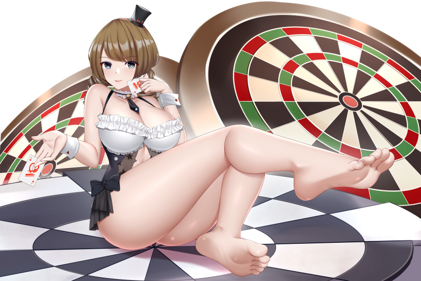 1girl absurdres azur_lane bare_arms bare_legs bare_shoulders barefoot blue_eyes breasts brown_hair card casino character_request dead_or_alive feet highres holding holding_card kuroshiro_no_tsubasa looking_at_viewer medium_breasts monica_(doa) necktie poker see-through short_hair soles toes wrist_cuffs