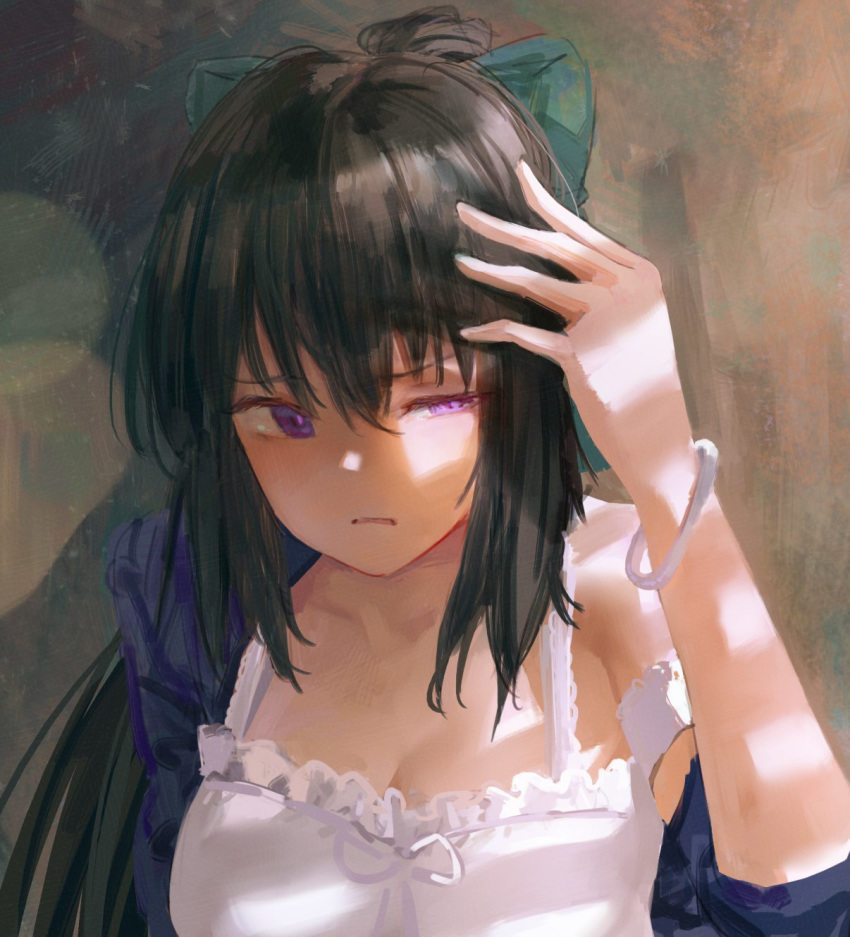 1girl black_hair bow bracelet breasts cleavage commentary_request hair_bow highres jewelry large_breasts long_hair noccu noihara_himari omamori_himari parted_lips ponytail purple_eyes solo