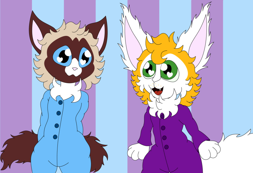 anthro big_eyes blue_eyes canid canine clothing coelhoposa_(artist) cute_fangs digital_media_(artwork) domestic_cat duo felid feline felis fennec fluffy fluffy_tail fox fur green_eyes hi_res lagomorph leporid maine_coon male male/male mammal multicolored_body multicolored_fur neck_tuft pajamas rabbit romeo_(coelhoposa) siamese tuft wonny_(coelhoposa)