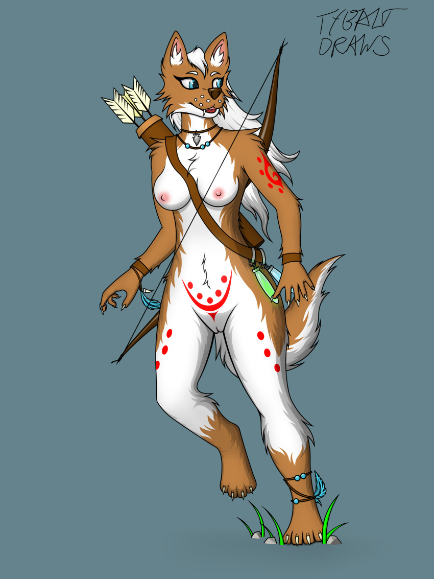 4_toes 5_fingers absurd_res anklet anthro areola arm_markings armband arrow baldric bare_chest beads blue_eyes bodypaint bottle bow_(weapon) bracelet breasts brown_body brown_fur brown_nose brown_tail canid canine canis cheek_tuft chest_tuft claws cute_fangs digital_media_(artwork) facial_tuft fangs female fingers full-length_portrait fur genitals grey_background hair hi_res inner_ear_fluff invalid_tag jewelry leather leg_markings long_hair looking_away magic mammal markings mostly_nude multicolored_body multicolored_fur necklace nipples open_mouth peach_pussy pendant pink_nipples plantigrade portrait potion prick_ears pussy quiver ranged_weapon red_markings red_tongue running simple_background solo toes tongue tribal tribal_paint tuft two_tone_body two_tone_fur two_tone_tail tybalt_draws weapon white_body white_fur white_hair white_tail wolf