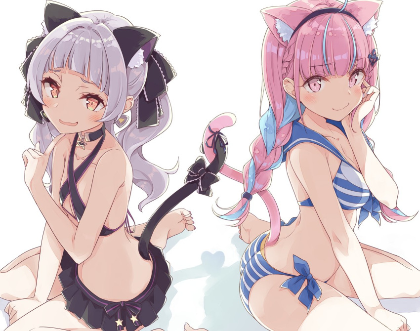 2girls animal_ears bikini bikini_skirt black_bikini cat_ears cat_tail collar collarbone criss-cross_halter eyebrows_visible_through_hair front-tie_bikini front-tie_top halterneck highlights hololive intertwined_tails looking_at_viewer minato_aqua mizoguchi_keiji multicolored_hair multiple_girls murasaki_shion pink_eyes pink_hair ribbon sailor_bikini sailor_collar side-tie_bikini smile streaked_hair striped striped_bikini swimsuit tail tail_ornament tail_ribbon two-tone_hair virtual_youtuber white_background white_hair