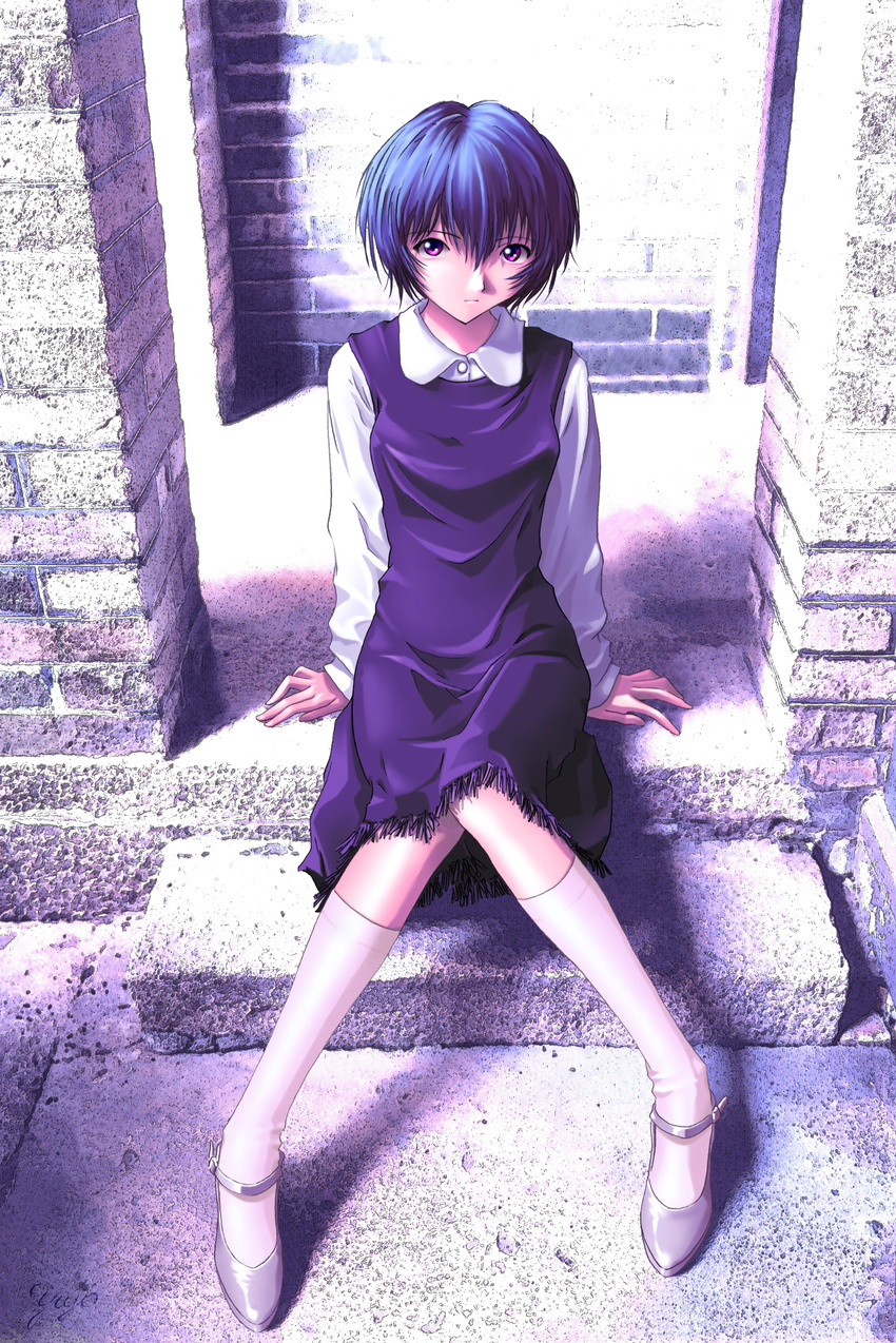 absurdres ayanami_rei blue_hair dress high_contrast kneehighs neon_genesis_evangelion purple_eyes sitting solo