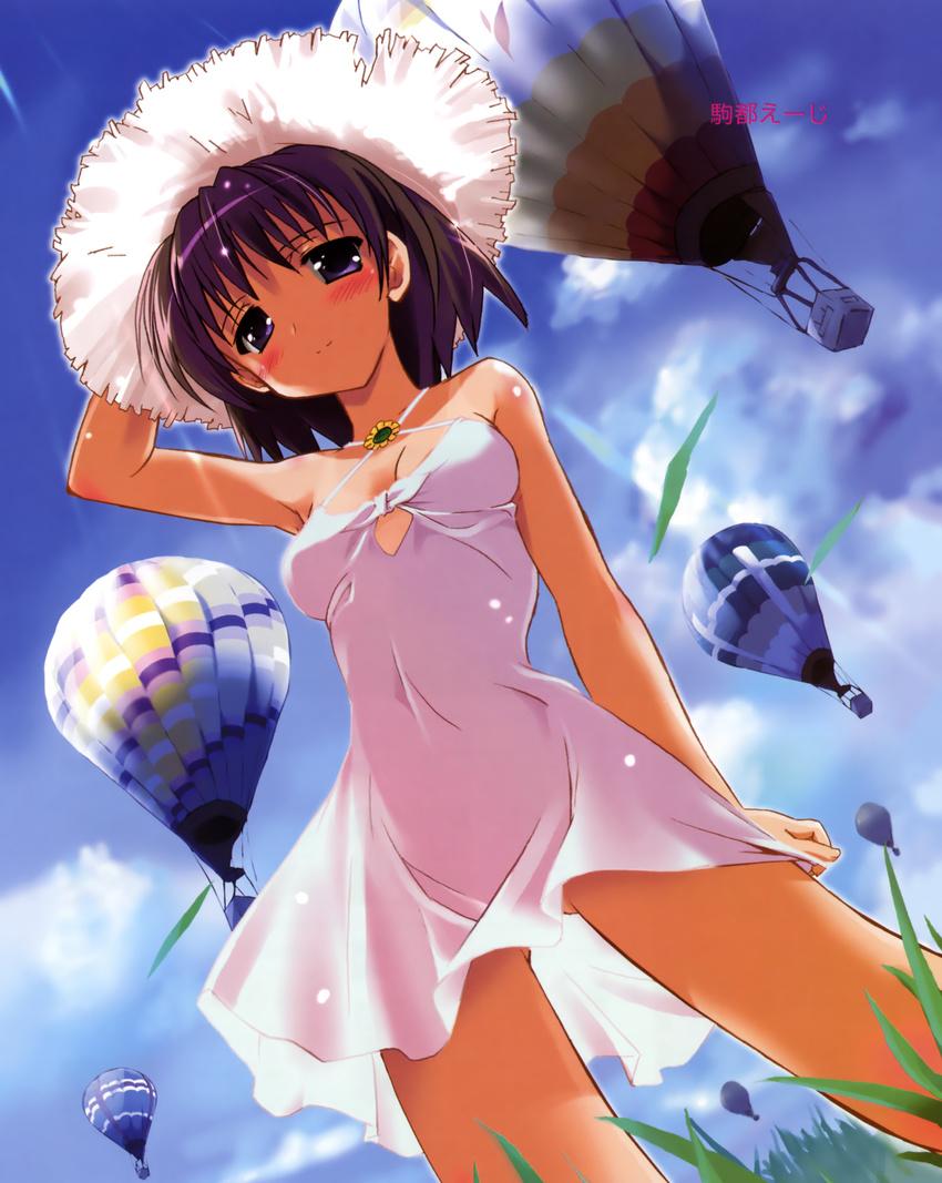 absurdres aircraft ass_visible_through_thighs bare_shoulders blush copyright_request day dress from_below hat highres hot_air_balloon komatsu_eiji light_rays looking_at_viewer looking_down purple_eyes purple_hair short_hair smile solo straw_hat sunbeam sundress sunlight