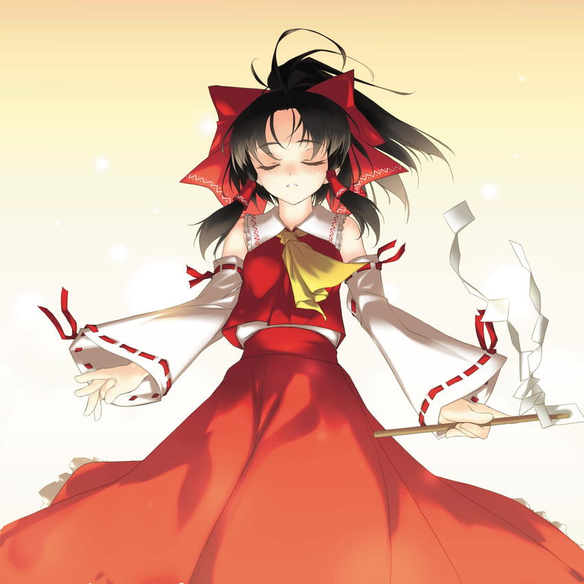 ascot bare_shoulders black_hair bow closed_eyes detached_sleeves frilled_shirt_collar frilled_skirt frills gohei gradient gradient_background hair_bow hair_tubes hakurei_reimu highres long_sleeves ponytail red_bow red_ribbon red_shirt red_skirt ribbon ribbon-trimmed_sleeves ribbon_trim rokuwata_tomoe shirt skirt sleeveless sleeveless_shirt solo touhou white_shirt white_sleeves yellow_neckwear