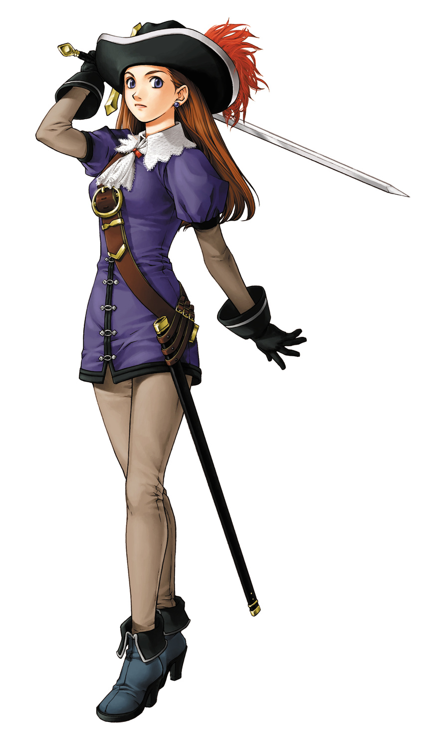 absurdres arm_up ascot black_gloves blue_eyes brown_hair dress earrings fantasy full_body gensou_suikoden gensou_suikoden_iii gloves hat high_heels highres ishikawa_fumi jewelry lace lilly_pendragon long_hair official_art pantyhose sheath shoes short_dress simple_background solo standing sword weapon