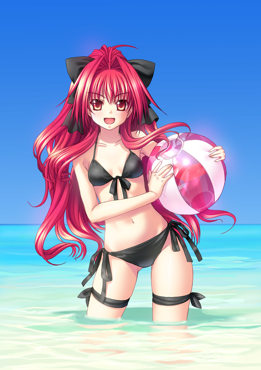 :d absurdres ahoge armpits ball bangs beach beachball bikini black_bikini bow corticarte_apa_lagranges day flat_chest front-tie_top gradient_eyes hair_bow hair_intakes highres holding kannatsuki_noboru leaning long_hair looking_at_viewer multicolored multicolored_eyes navel ocean official_art open_mouth outdoors ponytail red_eyes red_hair reflection ribbon scan shinkyoku_soukai_polyphonica side-tie_bikini sidelocks sky smile solo standing swimsuit thigh_ribbon transparent very_long_hair wading water wavy_hair