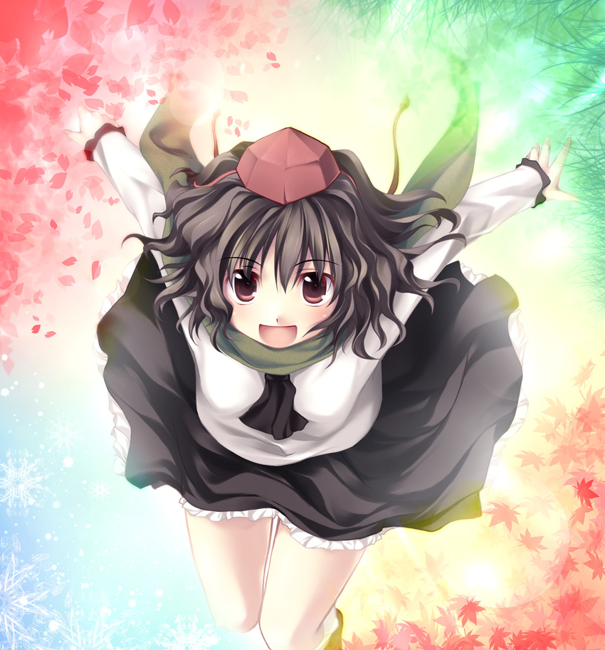 bangs black_hair black_neckwear hat highres long_sleeves looking_at_viewer non-web_source open_mouth red_eyes ribbon scarf shameimaru_aya skirt smile solo tateha_(marvelous_grace) tokin_hat touhou