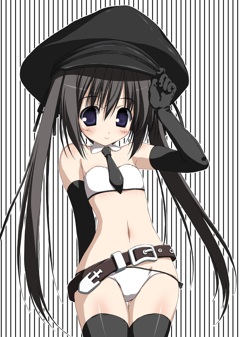 absurdres belt bikini black_gloves black_hair black_legwear copyright_request detached_collar elbow_gloves flat_chest gloves hat highres long_hair loose_belt necktie purple_eyes smile solo striped striped_background suzuri_(tennenseki) swimsuit thigh_gap thighhighs twintails white_bikini