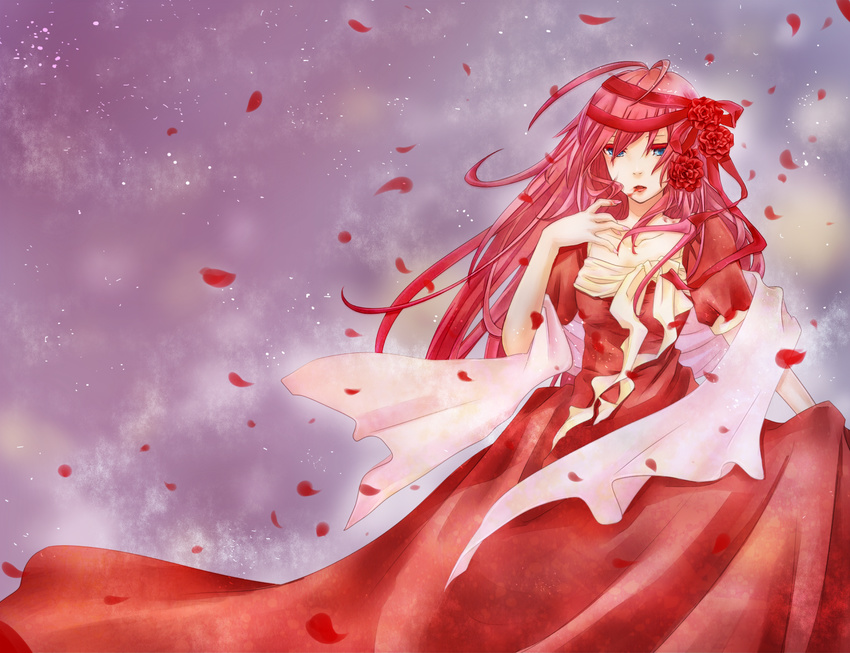 blood blue_eyes dress finger_licking flower gown megurine_luka nail_polish petals pink_hair portrait red red_dress ribbon solo vocaloid wallpaper