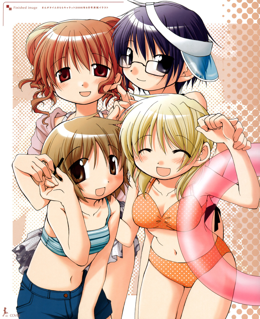 absurdres aoki_ume bikini glasses hidamari_sketch highres hiro innertube miyako multiple_girls official_art polka_dot polka_dot_bikini sae scan shorts striped striped_bikini swimsuit yuno