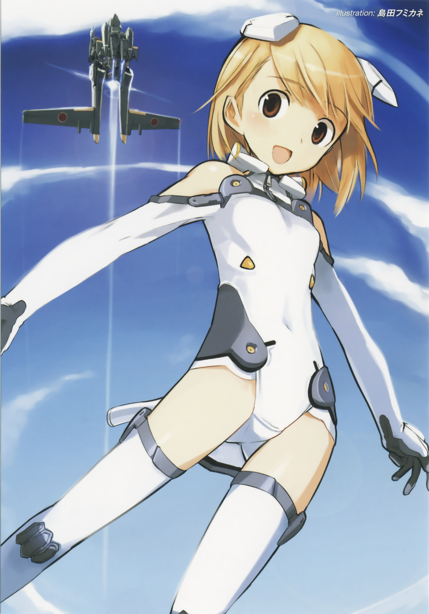 :d absurdres artist_name bangs bare_shoulders blonde_hair blush brown_eyes cloud condensation_trail covered_navel day elbow_gloves flat_chest from_below gloves halterneck happy headgear highres leotard looking_at_viewer mecha motion_slit open_mouth outdoors pilot_suit sakurano_otoha shimada_fumikane short_hair sky sky_girls smile solo sonic_diver_reijin thighhighs turtleneck white_gloves white_legwear white_leotard