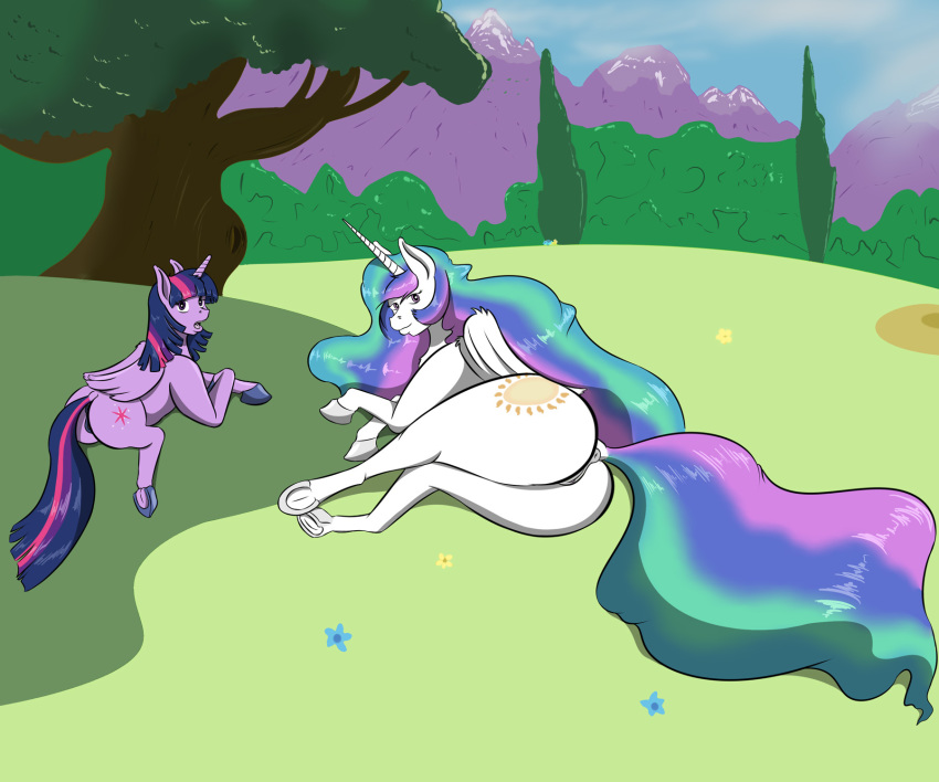 2018 anus butt cutie_mark duo equine feathered_wings feathers female feral forest friendship_is_magic hair hi_res horn long_hair looking_at_viewer looking_back lying mammal multicolored_hair my_little_pony on_side open_mouth outside princess_celestia_(mlp) purple_eyes pussy rear_view sailoranna smile tree twilight_sparkle_(mlp) underhoof winged_unicorn wings