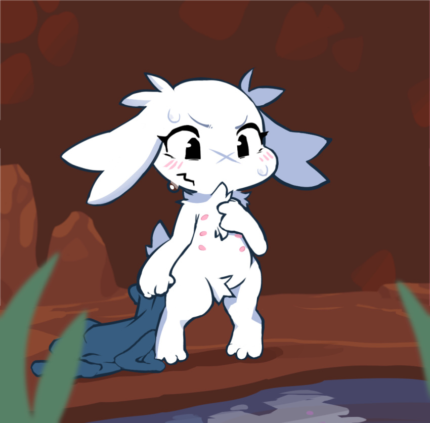 ambiguous_gender anthro blush bodily_fluids cave_story clothing detailed_background fur grass holding_clothing holding_object lagomorph mammal mimiga multi_nipple nipples nude paperclip_(artist) plant solo standing sue_sakamoto sweat tuft video_games water