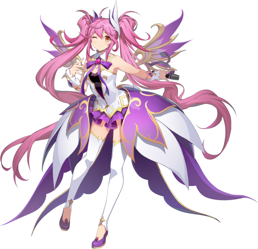 1girl absurdres amy_(grand_chase) armpits bare_shoulders breasts cleavage closed_mouth detached_collar full_body gold_trim grand_chase hair_ornament highres holding holding_microphone long_hair looking_at_viewer microphone miniskirt neck_ribbon official_art one_eye_closed orange_eyes outstretched_arm pink_hair purple_footwear purple_skirt ribbon shirt shoes sidelocks skirt sleeveless sleeveless_shirt small_breasts smile solo strapless_shirt thighhighs thighs toeless_legwear transparent_background twintails very_long_hair waist_cape wavy_hair white_legwear white_shirt wings wrist_cuffs zettai_ryouiki