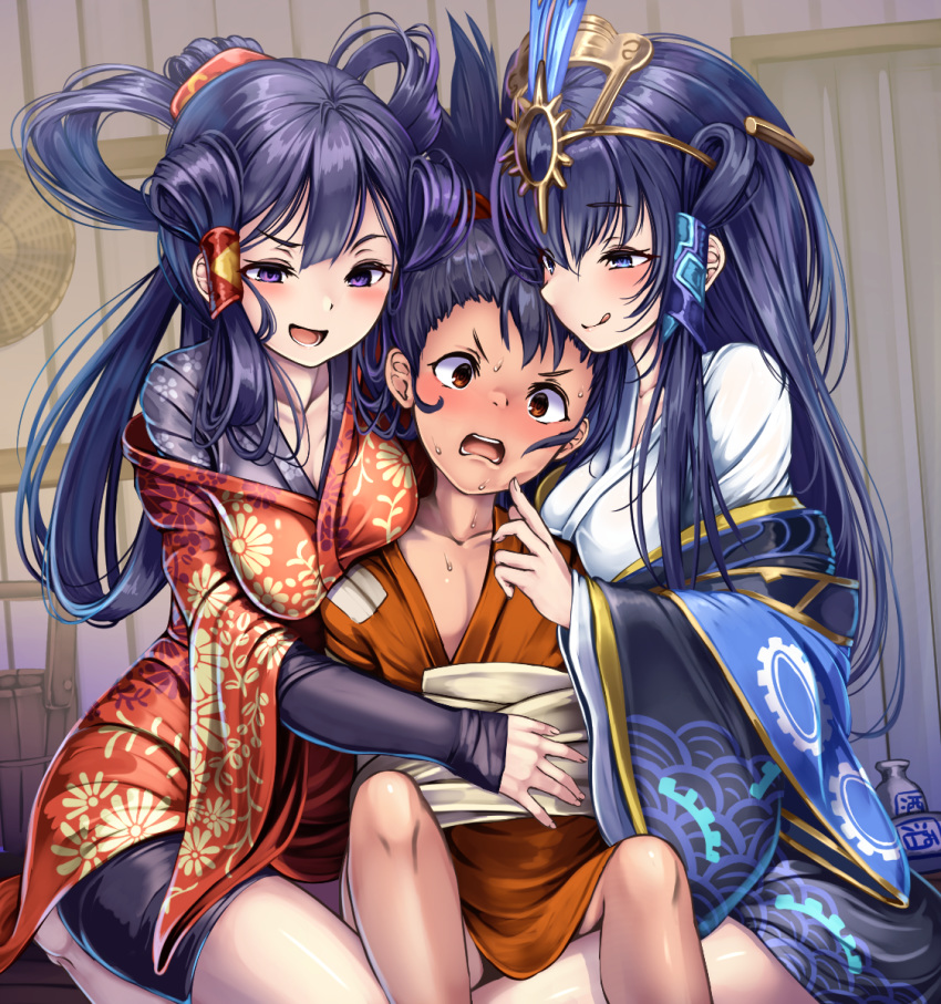 1boy 2girls :d :o :p age_difference bike_shorts black_hair blue_eyes blue_hair blush breast_press breasts cleavage floral_print goddess hair_ornament half-closed_eyes hand_on_another's_stomach highres japanese_clothes kimono licking_lips long_sleeves looking_at_viewer medium_breasts monikano multiple_girls nervous off_shoulder open_mouth ponytail purple_eyes purple_hair sakuna-hime sandwiched smile sweatdrop tensui_no_sakuna-hime tied_hair tongue tongue_out wide_sleeves