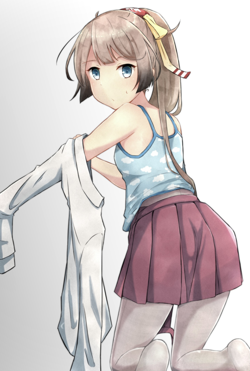 1girl blue_camisole brown_hair camisole cloud_print commentary_request cowboy_shot dress_shirt from_behind gradient gradient_background grey_background grey_legwear hair_ribbon highres kantai_collection kazagumo_(kantai_collection) kneeling kure_jirou long_hair long_sleeves looking_at_viewer looking_back pantyhose ponytail purple_skirt ribbon shirt silver_eyes skirt solo undressing white_background white_shirt
