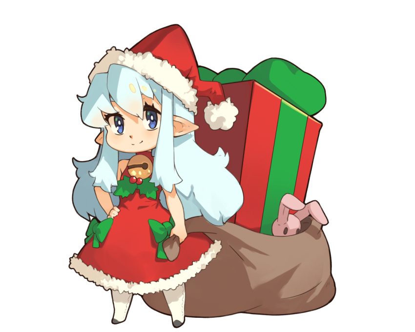 1girl bare_arms bell blue_hair bow bright_pupils christmas_gift closed_mouth commentary dress english_commentary fur-trimmed_dress fur-trimmed_headwear fur_trim green_bow hand_on_hip hat holding holding_sack jingle_bell long_hair looking_at_viewer neck_bell original pantyhose pointy_ears purple_eyes red_dress red_headwear sack santa_hat simple_background sleeveless sleeveless_dress smile solo stuffed_animal stuffed_bunny stuffed_toy vins-mousseux white_background white_legwear white_pupils